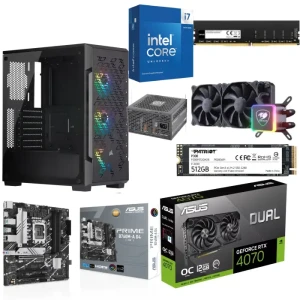 PC Gaming Bundle Intel Ci7-14700KF Asus PRIME B760M-A D4, 32GB RAM 512GB SSD, Asus RTX 4070 12GB, Cougar Liquid cooler 280, Corsair RGB Case+ PSU 700W