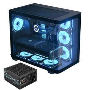 كيسة ألعاب أيروكول  P500C-G-BK-v1 متوسطة الحجم مزودة بأربع مراوح ARGB مع باور LUX PRO برونزية 750 وات - لون أسود