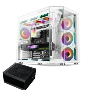 كيسة ألعاب Xander Crystal مزود 7 ARGB مراوح برج متوسط باللون الأبيض + إمداد طاقة 850 واط 80 بلس برونز