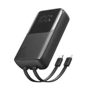 Joyroom Mini Wired Power Bank, 10000mAh, 30Watt, 4 Port, Type-C – Lightning Cables, Black - JR-PBC06