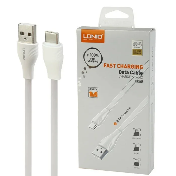 LDNIO Ls551 USB Type-C Mobile Fast Charging 1M Cable 2.1 A White