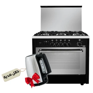 Fresh Gas Cooker Professional with Fan 5 Burners 90 cm Black + Free Gift Tornado stainless Kettle 1.7L