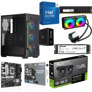 PC Gaming Bundle Intel Ci7-14700KF Asus PRIME B760M-A D4, 32GB RAM 512GB SSD, Asus RTX 4070 12GB, Waterwheel Cooling, Corsair RGB Case+ PSU 850W