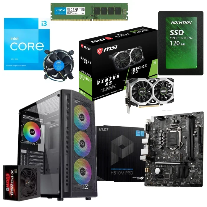 PC Gaming Bundle Intel Ci3-10105 Processor, MSI Pro H510M Motherboard, MSI GeForce 1650 Ventus XS 4GB, 8GB RAM, 120GB SSD, XIGMATEK Case+ PSU 600W