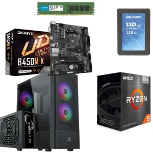 تجميعة كمبيوتر جيمنج معالج AMD Ryzen 5 5600G بوكس و ماذربورد جيجابايت B450M K, 8 جيجا رام  و هارد 128 جيجا  SSD كيسة جيمنج XIGMATEK و باور 600 وات