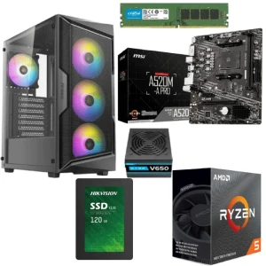 PC Gaming Bundle AMD Ryzen 5 4600G Box Processor MSI Motherboard 8GB RAM 120GB SSD Antec AX61Gaming Case+ Atom PSU V650