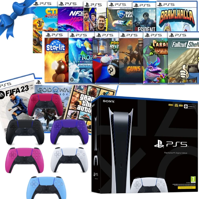 PS5 Sony PlayStation 5 Console Digital Edition + 15 Free Games and Extra Color dual Sense