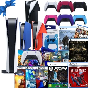 PS5 Sony PlayStation 5 Console Digital Edition + 15 Free Games and Console Silicone Case, Dual sense Silicone case and Extra Color Dual Sense