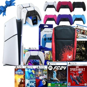 Sony Playstation 5 CD Disc Version Silm PS5 Console  + 15 Online Games FREE, DualSense Charger, Dual sense Silicone case and Extra Dual Sense + Bag