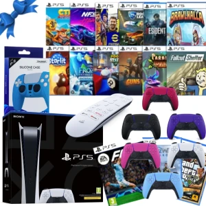 PS5 Sony PlayStation 5 Console Digital Edition + 15 Free Games and Extra dual Sense + Media Remote and DOBE Silicone Case