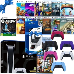 PS5 Sony PlayStation 5 Console Digital Edition + 15 Free Games, Dual Sense Charger Dock and Extra Color dual Sense