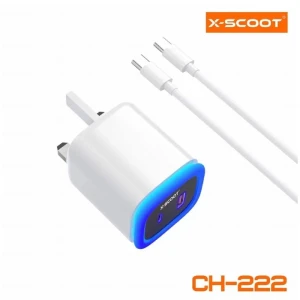 X-Scoot CH-222 Type-C 20W Super fast Charger PD + QC3.0 UK Dual Output – White – 14 Days Warranty